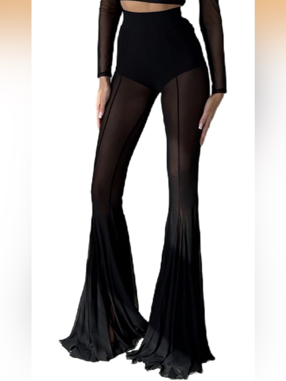 Black fishnet flared bell bottoms rave pants sheer festival beach cover up mesh